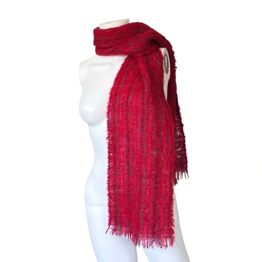 Colorful Red and Blue Woven Scarf Raw Hem Mohair